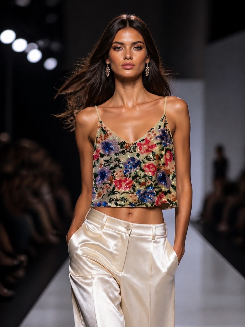 Shanghai Tang Floral Sequin Cami in Gream with Multicolor Flowers